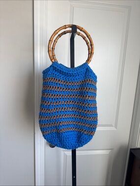 Handmade Blue and Brown Striped Crochet Tote with Bamboo Handles